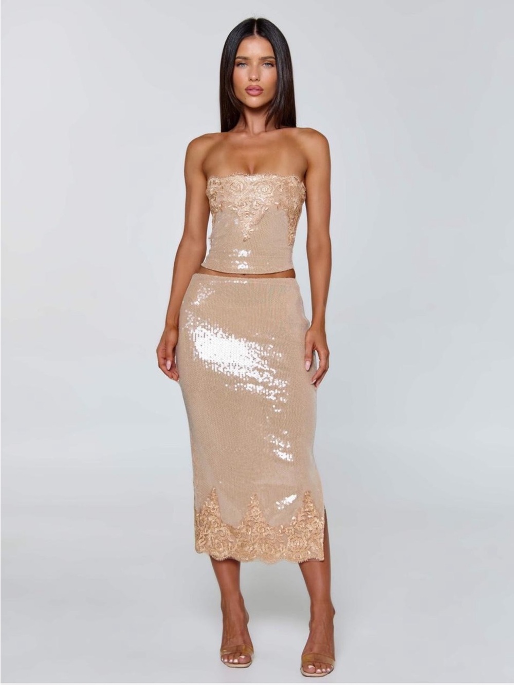 OutKast Saela Sequined Midi Skirt Corset Top Set